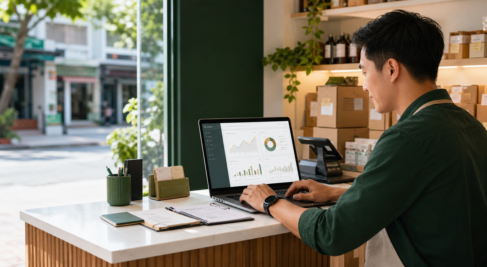 A Singapore small business workspace with an AI operations dashboard on a laptop